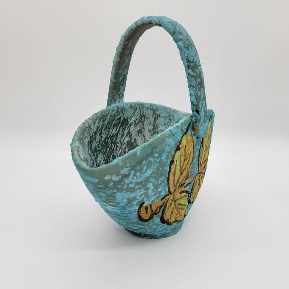Vintage MCM Italian Pottery Basket Blue Lava Glaze With Yellow Leaf 8" Hand Pain - Picture 2 of 13